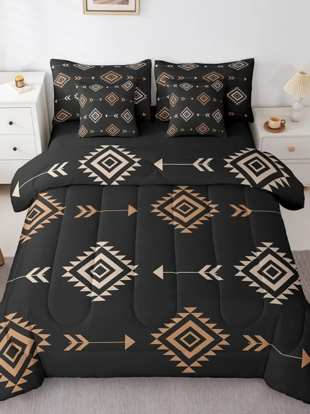 Boho Western Comforter Set with Sheets Brown Black Southwestern Aztec Tribal Que